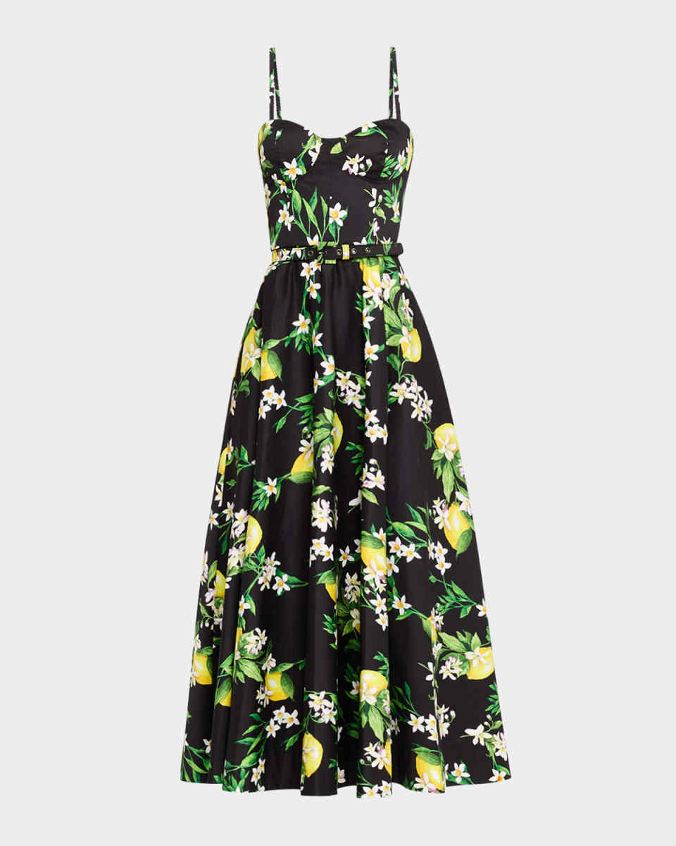 Lemon-Print Sleeveless Belted Corset Midi Dress